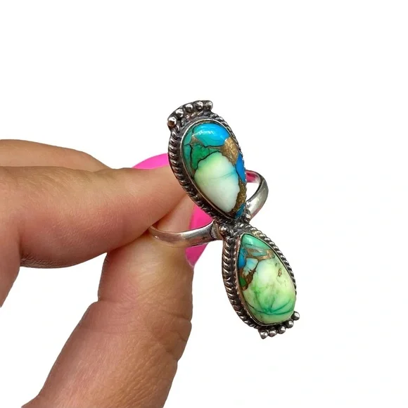 Peacock Dahlia Kingman Turquoise Ring Size 10.5 Solid 925 Sterling Silver Green - Picture 5 of 9